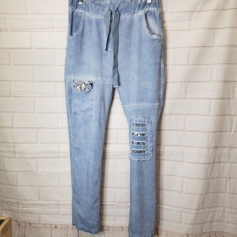 Gigi Moda Italian Toppa Blue Sequin Comfortable Skinny Ankle Pants Magic OSFM
